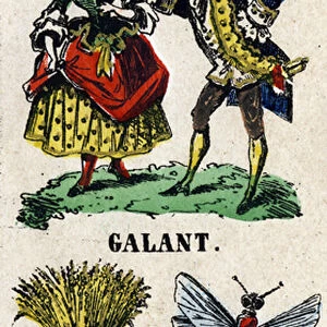 Letter G as a gallant (man seducing a woman), sheaf, guepe and gibeciere (bag)