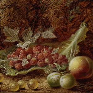 Still life of raspberries, gooseberries, peach and plums on a mossy bank