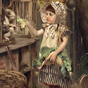 Little girl feeding rabbits (chromolitho)