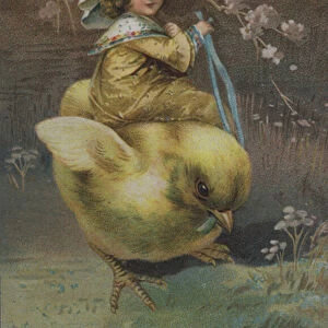 Little girl riding a chick (chromolitho)