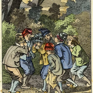 Little Poucet and his brothers Lost in the forest. Illustration of the tale "