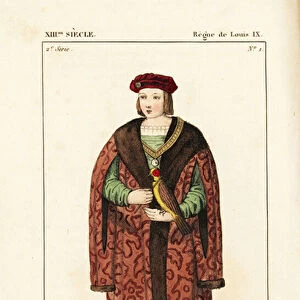 Louis IX, King of France (Saint Louis), 1215-1270. He wears his court dress: chapel (bonnet) over short hair, a furlined simar over doublet, gold chain and medallion (Ordre de la Cosse de Genet, Order of the Broom-Pod)