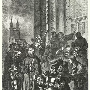 Luthers ninety-five theses at Wittenberg Church door (engraving)