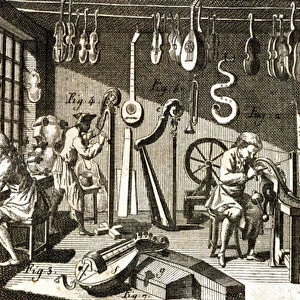 Luthiers workshop. Engraving - in Encyclopedia of Diderot and Alembert, 18th century