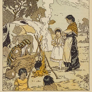 Maggie Tulliver with the gypsies, scene from The Mill on the Floss, by George Eliot (colour litho)