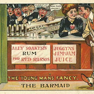 Man flirting with a bar maid (colour litho)