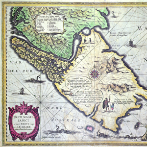 Map of the Magellan Straits, Patagonia (colour engraving)