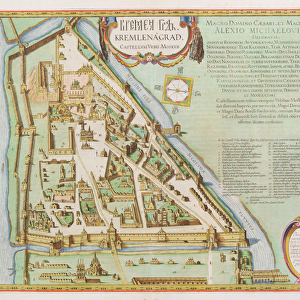 Map showing the Kremlin, Moscow, 1662 (hand coloured etching)