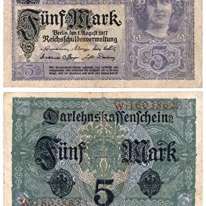 A five mark banknote, 1917 (recto and verso) (colour litho)