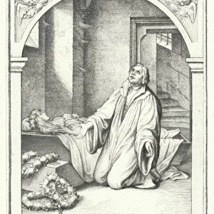 Martin Luther with the dead body of his daughter Magdalena, 1542 (engraving)