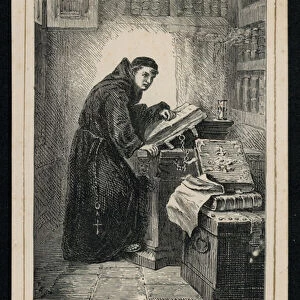 Martin Luther, German theologist, at his first study of the Bible (engraving)