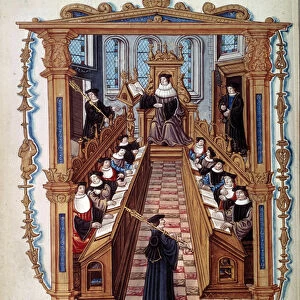 A master court in a room of the Sorbonne University in Paris in the Middle Ages