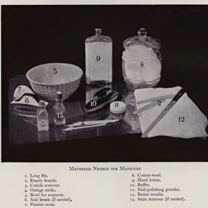 Modern Beauty Culture: Materials needed for manicure (b / w photo)