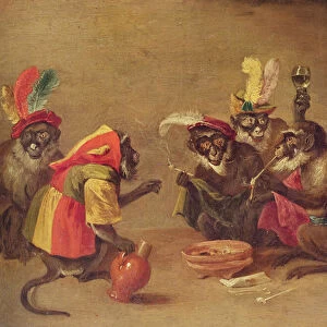 Monkeys smoking and drinking (oil on canvas)