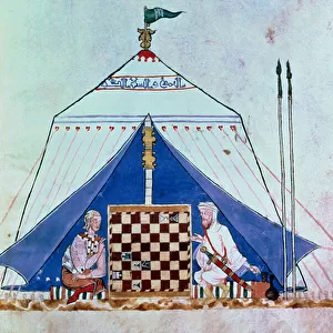 A Moor and a Christian playing chess in a tent, from the Book of Games, Chess, dice and Boards, 1282 (vellum)