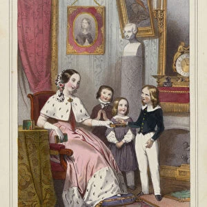 A mother explaining to her children the virtues of reading the Bible (colour litho)