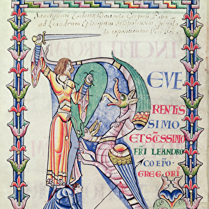 Ms 168 f. 4v Historiated initial R depicting a knight fighting a dragon
