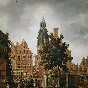 The Munt Tower with a Quack Praising his Merchandise, Amsterdam (oil on panel)