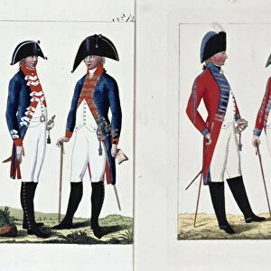 Musketeers and Officers, 1800 (coloured engraving)