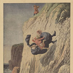 A nanny falling from a cliff at Llandudno while trying to save one of the children she was looking after (colour litho)