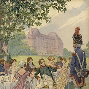 Napoleon Bonparte and Josephine at a garden party in the grounds of the Chateau de Malmaison (colour litho)