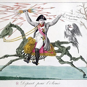 Napoleon: caricature in a warrior man on a horse skeleton - in "