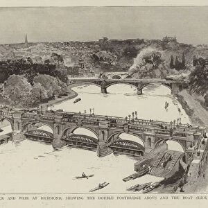 The new lock and weir at Richmond, showing the double footbridge above and the boat slide (engraving)
