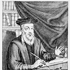 Nostradamus writing his prophecies (b / w engraving)