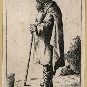 Old man in a hooded cape leaning on a stick, 17th century. 1803 (engraving)