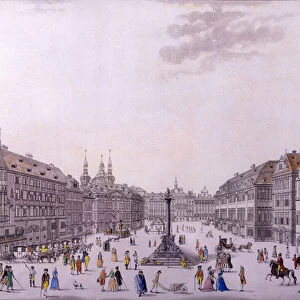 Old Town Square, Prague (coloured etching & copper engraving)