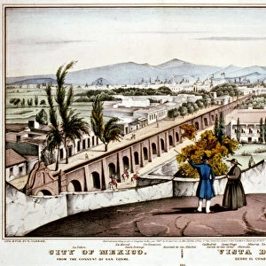 Panoramic view of Mexico City seen from the Convent of San Cosme, hand coloured print by Currier & Ives, New York, 1847