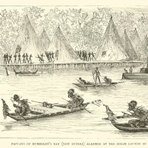 Papuans of Humboldts Bay, New Guinea alarmed at the steam launch of the Challenger (engraving)