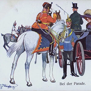 At the parade, German humorous military postcard (colour litho)