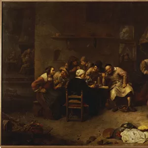 Peasants drinking and smoking in an Inn (oil on canvas)