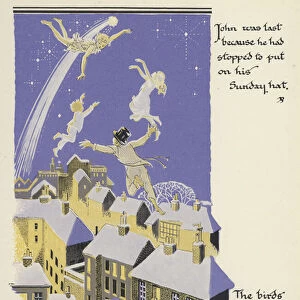 Peter Pan and Wendy: John was last because he had stopped to put on his Sunday hat, The birds were flown (colour litho)