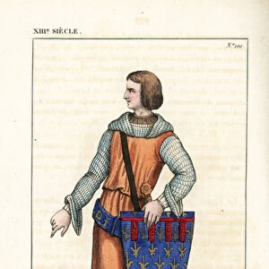 Philip, Count of Artois (Philippe d Artois), died of his wounds after the Battle of Furnes, 1265-1298. He wears a hooded chainmail hauberk, sleeveless tunic, and carries the escutcheon with his coat of arms: gold fleurs de liys on a blue field