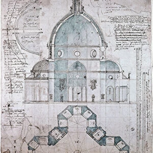 Plan and cut of the dome of the Cathedral of Florence, 16th century (drawing)