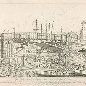 Portion of the Old London Bridge, drawn in 1826 during construction works (engraving)