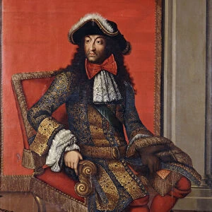 Portrait of King Louis XIV, seated full length, in an embroidered blue and gold coat with a white ruff and a fur trimmed hat, on a throne (oil on canvas, unlined)