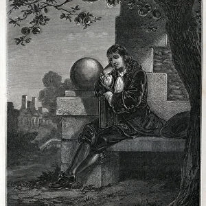 Portrait of philosopher and mathematician Isaac Newton (1642-1727): "The 23-year-old was dreaming one evening... "Engraving from "Popular Astronomy"1880