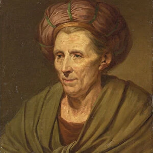 Portrait of a woman, bust-length, with a brown turban and green shawl (oil on canvas)