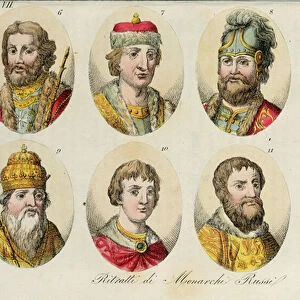 Portraits of the Russian Monarchy, 6. Yaroslav 7. Sviatoslav II 8. Sviatopolk 9. Vladimir Monomakh 10. Yuri I 11. Ivan II 12. Dmitry Donskoy 13. Ivan III, 1831 (colour litho)