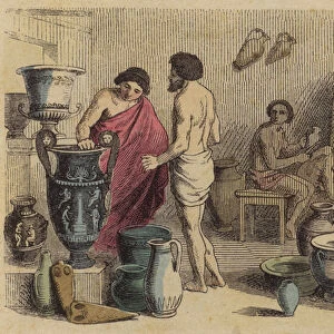 Pottery workshop in Ancient Greece (coloured engraving)