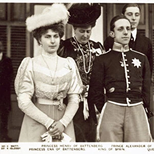 Princess Henry of Battenberg, Prince Alexander of Battenberg, Princess Ena of Battenberg, King of Spain, Queen Maria of Spain (b / w photo)