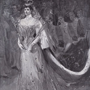 Queen Alexandra leaving Westminster Abbey, London, after her and King Edward VIIs coronation, 1902 (litho)