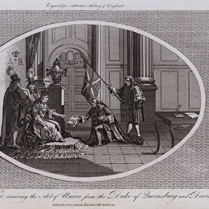 Queen Anne receiving the Act of Union from the Duke of Queensbury and Dover (engraving)