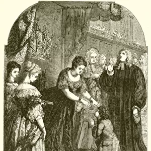 Queen Anne touching Young Samuel Johnson for the Evil (engraving)