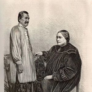 Queen Pomare IV of Tahiti (1803-0877), last ruler of Polynesia from 1827 to 1877 and her second husband, Prince Ariifaaite (1820-1873). Engraving after the drawing of Gautier Saint Elme, to illustrate the memories of the Pacific, by A