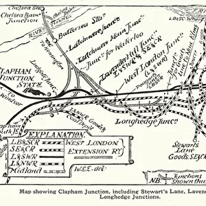 Railway map showing Clapham Junction, including Stewarts Lane, Lavender Hill and Longhedge junctions, London (litho)