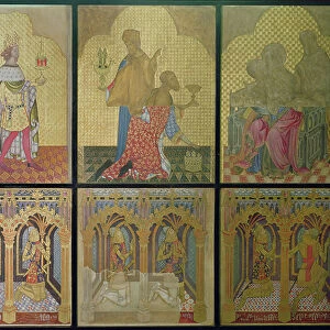Reconstruction of a wall painting originally in St. Stephen's Chapel depicting on bottom row L-R: Thomas Woodstock (1355-97), Edmund Langley, John of Gaunt (1340-99), Lionel (1338-68), Edward, The Black Prince (1330-76) and St. George